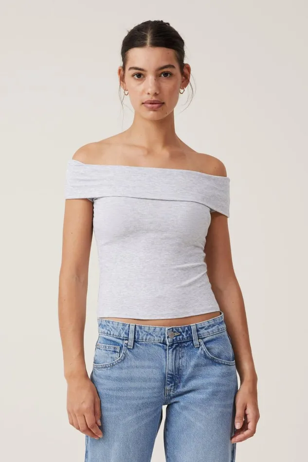 Women Tops Cotton On Staple Rib Off The Shoulder Short Sleeve Top Grey Marle