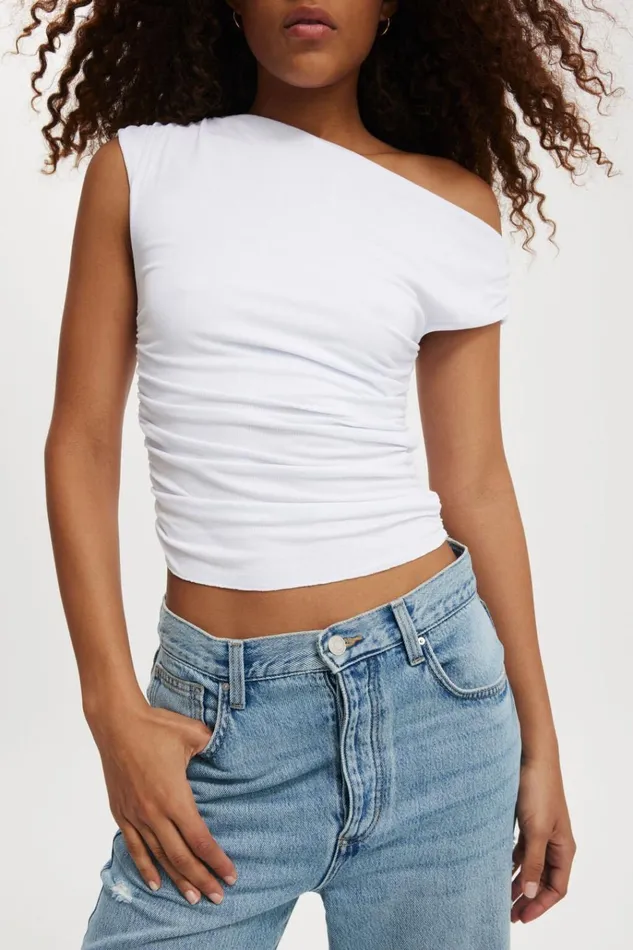 Women Tops Cotton On Staple Rib Rouched Short Sleeve Top White