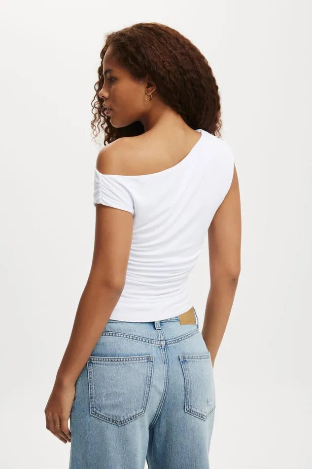 Women Tops Cotton On Staple Rib Rouched Short Sleeve Top White