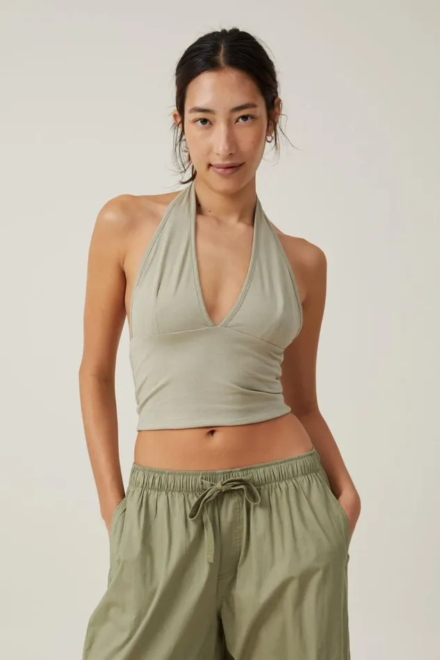 Women Tops Cotton On Tory V Neck Halter Top Desert Sage