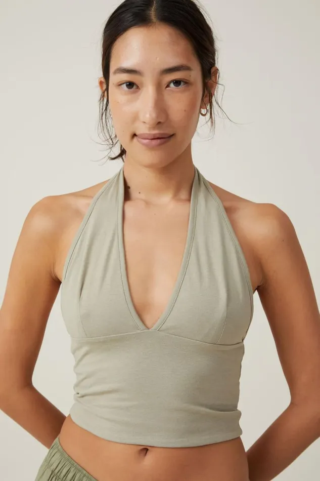 Women Tops Cotton On Tory V Neck Halter Top Desert Sage