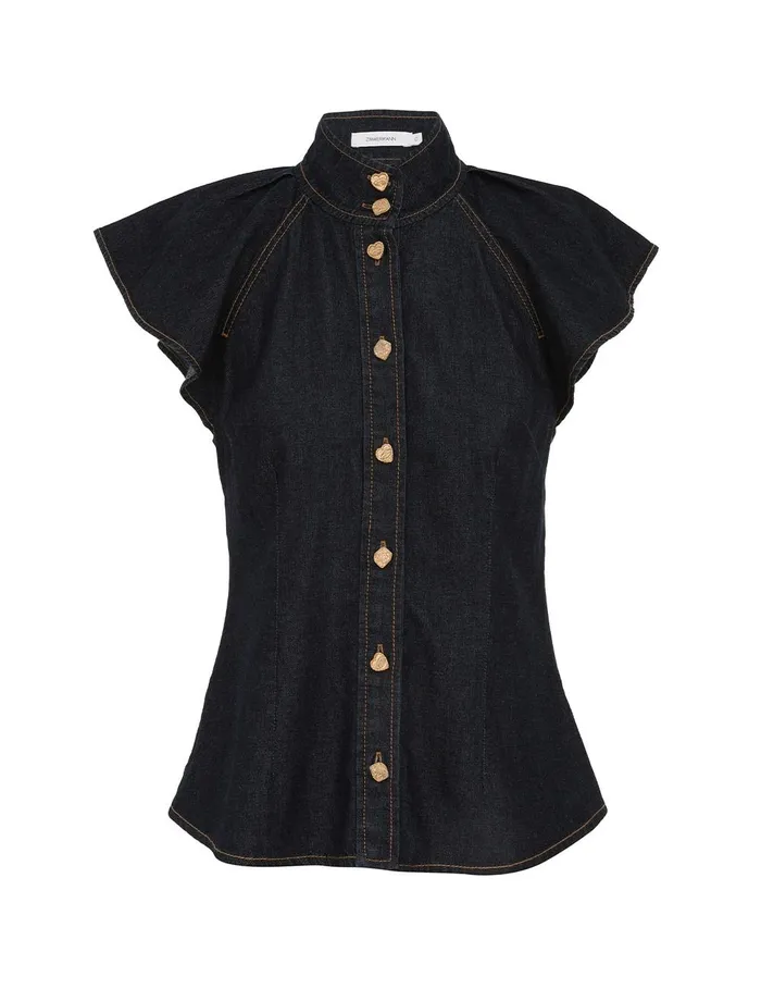 Women Tops Zimmermann Crush Flutter Sleeve Shirt Night Sky