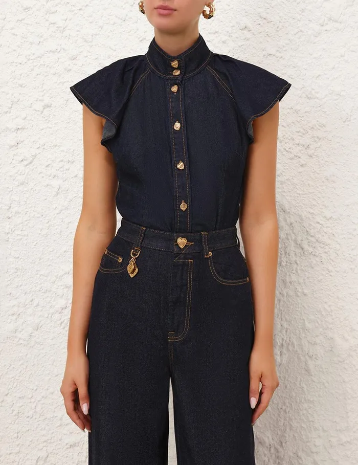 Women Tops Zimmermann Crush Flutter Sleeve Shirt Night Sky