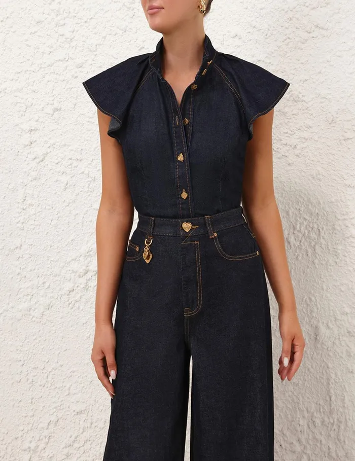 Women Tops Zimmermann Crush Flutter Sleeve Shirt Night Sky