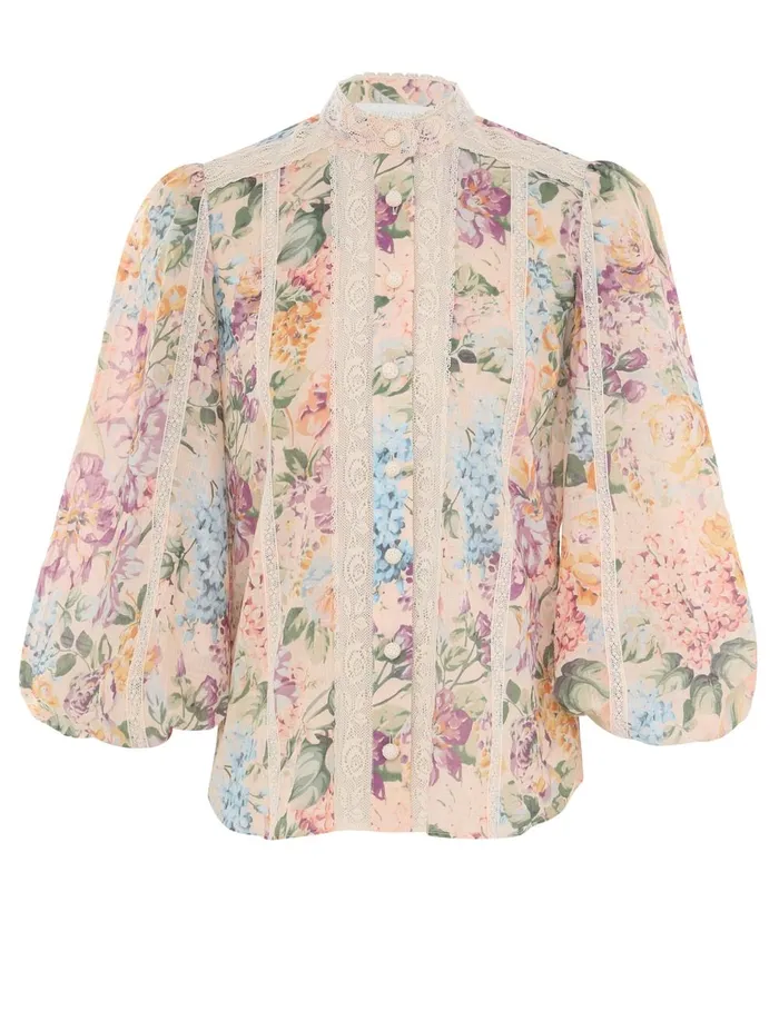 Women Tops Zimmermann Halliday Lace Trim Shirt Multi Watercolour Floral