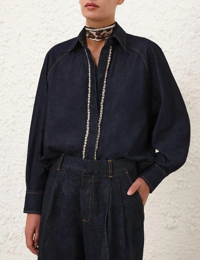 Women Tops Zimmermann Illustration Denim Shirt Night Sky