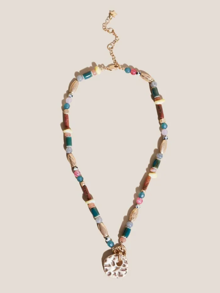 Women White Stuff Jewellery Bead Stone Hammered Necklace Green Multi