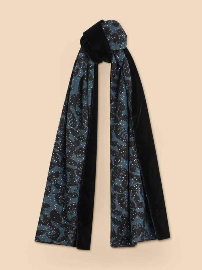 Women White Stuff Partywear Foil Print Velvet Scarf Pure Black