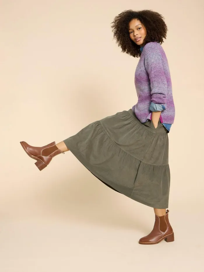 Women White Stuff Skirts Jade Tiered Cord Skirt Khaki Green