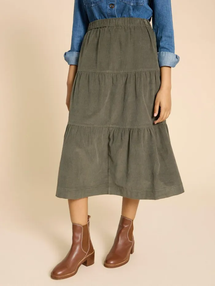 Women White Stuff Skirts Jade Tiered Cord Skirt Khaki Green Women White Stuff Skirts Jade Tiered Cord Skirt Khaki Green