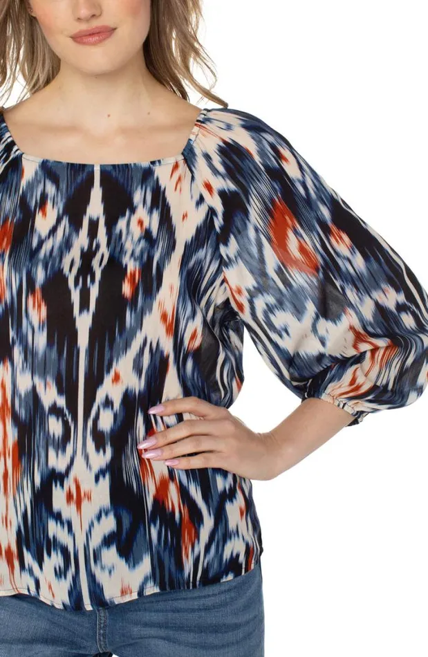 WOVEN TOPS Women Liverpool Los Angeles 34 PUFF SLEEVE SQUARE NECK TOP Allover Ikat WOVEN TOPS Women Liverpool Los Angeles 34 PUFF SLEEVE SQUARE NECK TOP Allover Ikat