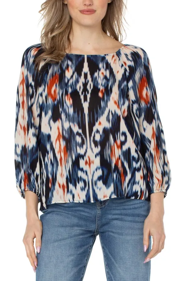 WOVEN TOPS Women Liverpool Los Angeles 34 PUFF SLEEVE SQUARE NECK TOP Allover Ikat