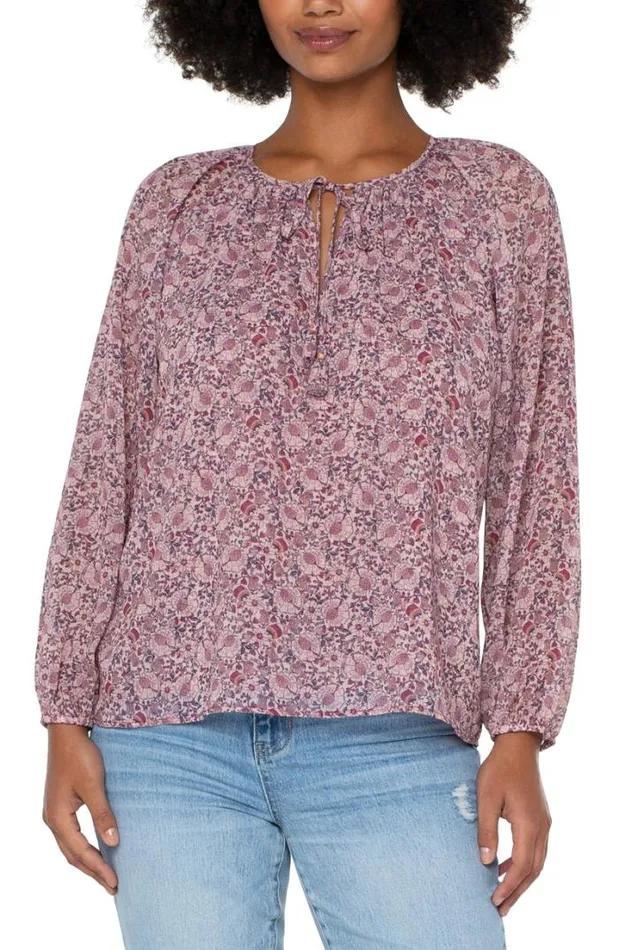 WOVEN TOPS Women Liverpool Los Angeles LAYERED SHIRRED BLOUSE WITH NECK TIES Wildflower Ditsy Print WOVEN TOPS Women Liverpool Los Angeles LAYERED SHIRRED BLOUSE WITH NECK TIES Wildflower Ditsy Print