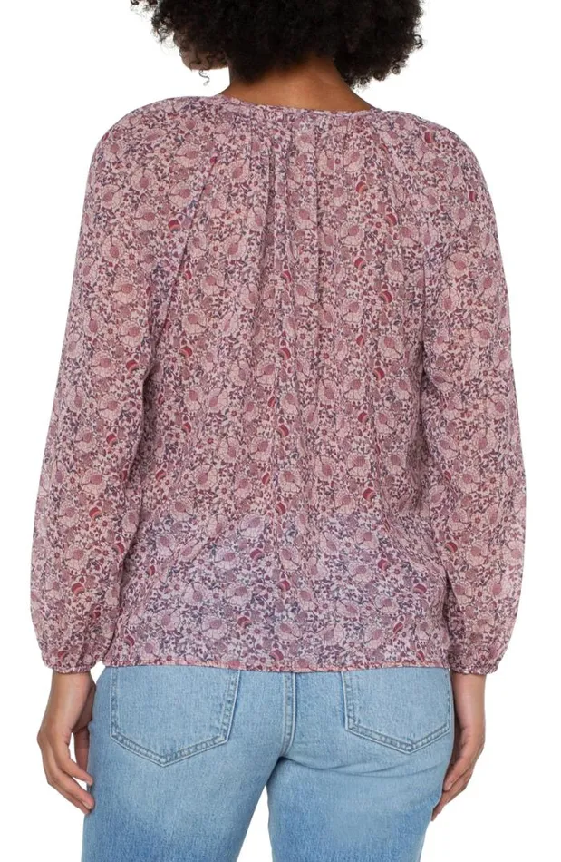 WOVEN TOPS Women Liverpool Los Angeles LAYERED SHIRRED BLOUSE WITH NECK TIES Wildflower Ditsy Print