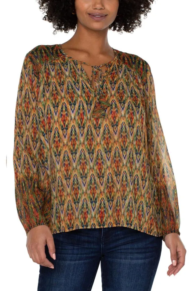WOVEN TOPS Women Liverpool Los Angeles LONG SLEEVE DOUBLE LAYER TIE FRONT BLOUSE Multi Color Painted Ikat WOVEN TOPS Women Liverpool Los Angeles LONG SLEEVE DOUBLE LAYER TIE FRONT BLOUSE Multi Color Painted Ikat