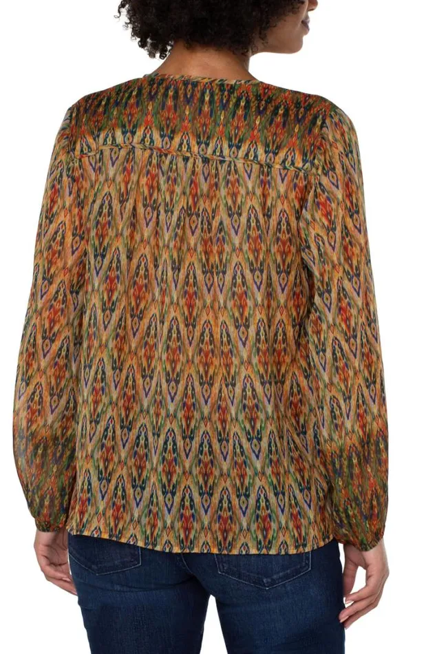 WOVEN TOPS Women Liverpool Los Angeles LONG SLEEVE DOUBLE LAYER TIE FRONT BLOUSE Multi Color Painted Ikat