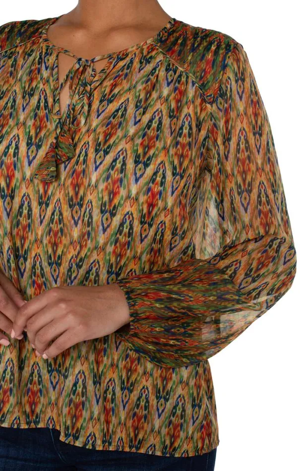 WOVEN TOPS Women Liverpool Los Angeles LONG SLEEVE DOUBLE LAYER TIE FRONT BLOUSE Multi Color Painted Ikat