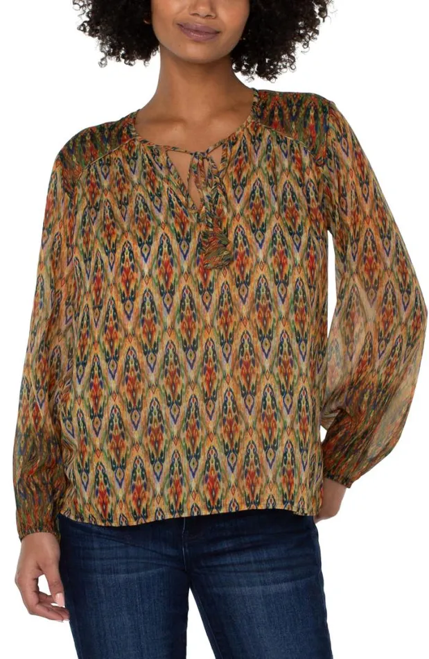 WOVEN TOPS Women Liverpool Los Angeles LONG SLEEVE DOUBLE LAYER TIE FRONT BLOUSE Multi Color Painted Ikat