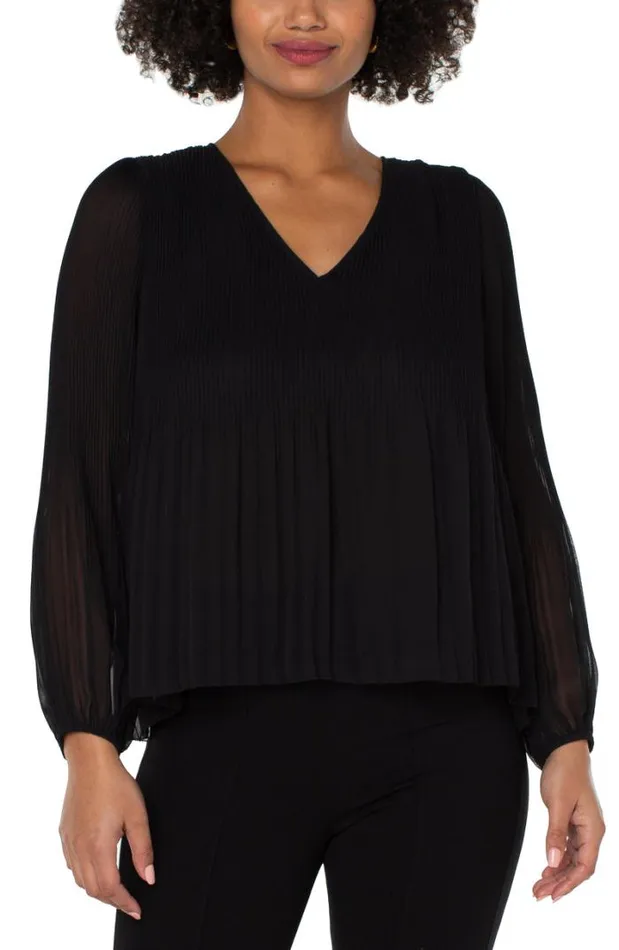 WOVEN TOPS Women Liverpool Los Angeles LONG SLEEVE VNECK PLEATED TOP Black